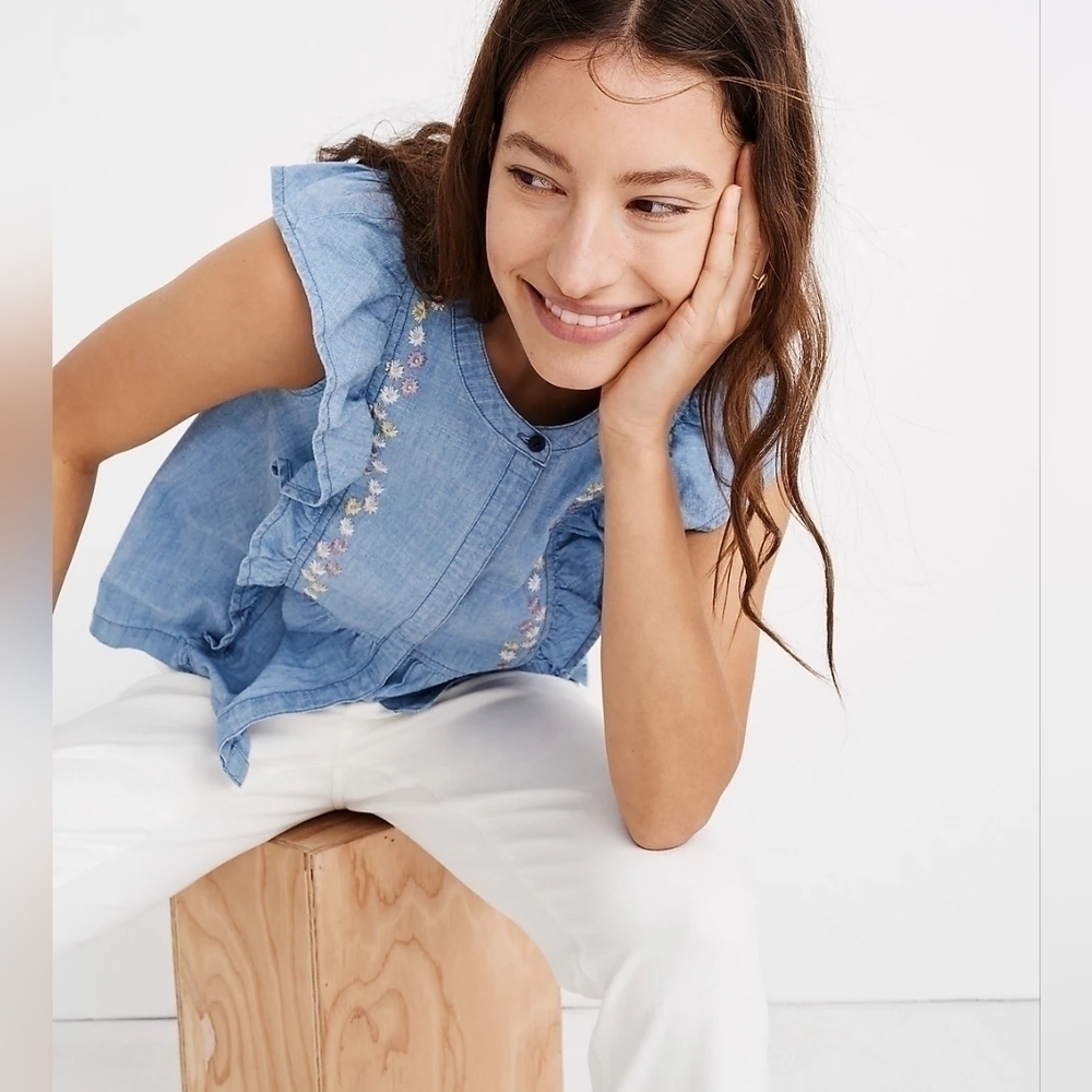 Madewell Blue Ruffle Sleeve Top